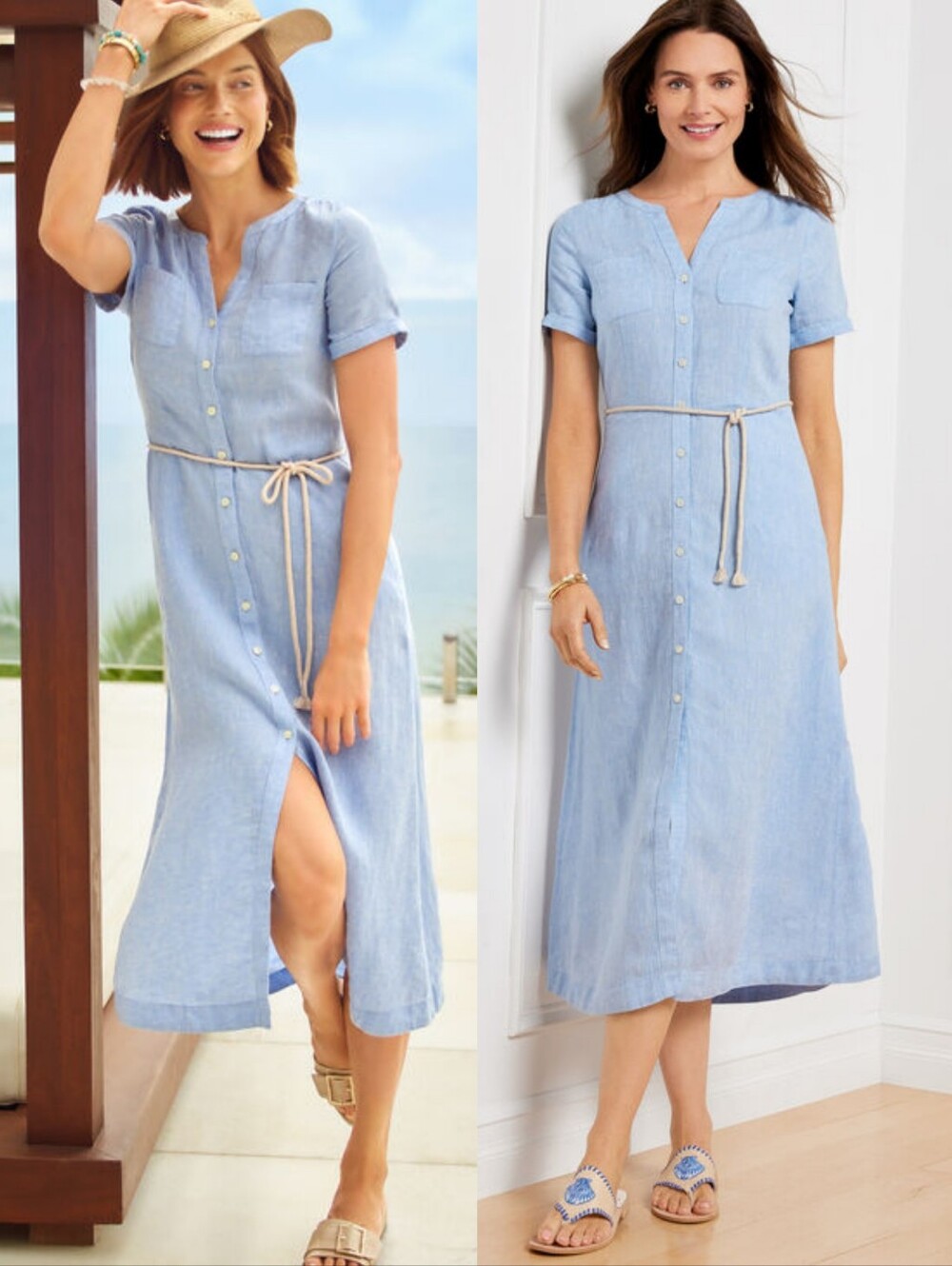 Talbots Linen Midi Shirtdress Dress Light Blue Chambray Size 14